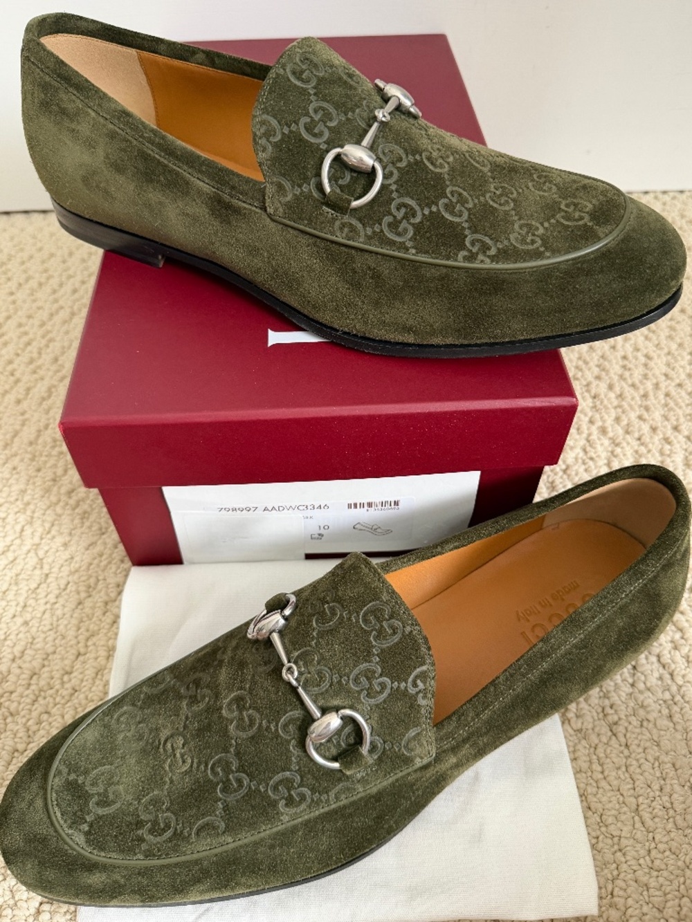 Gucci Jordy Jordaan Suede Guccissima Logo Embossed Green Horsebit Loafers